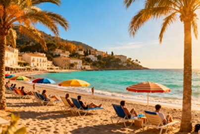 Sunny European beach with turquoise water in October