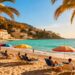 Sunny European beach with turquoise water in October