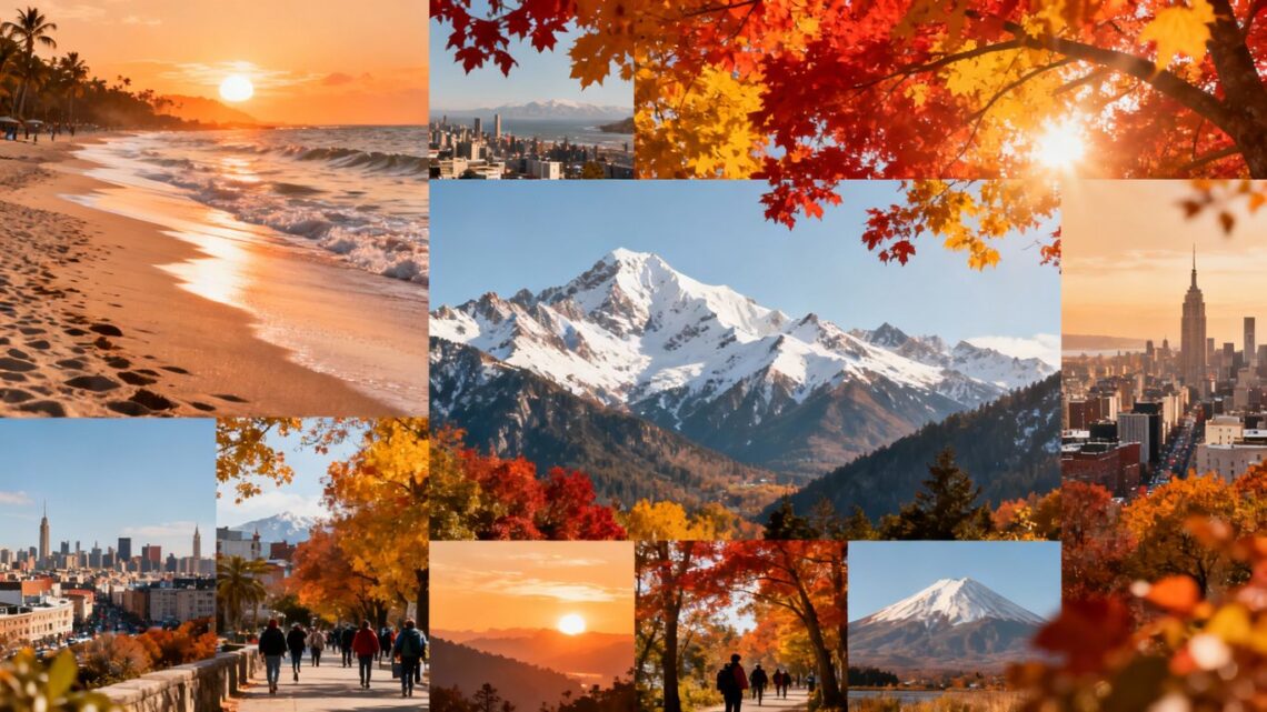 November holiday destinations collage with autumn colors.
