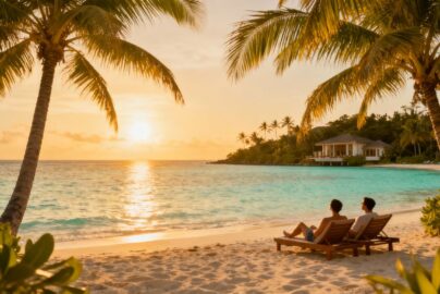 Couple relaxing on a sunny beach with palm trees.