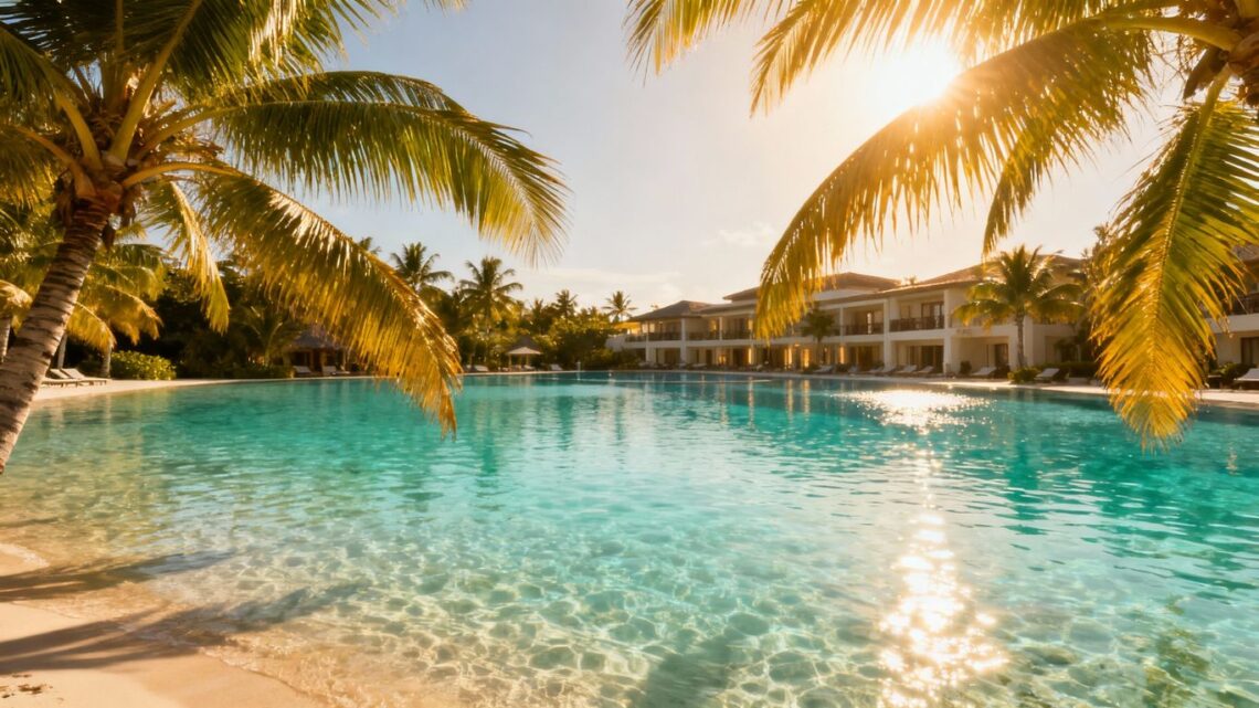 Tropical beach with resort and clear blue water.