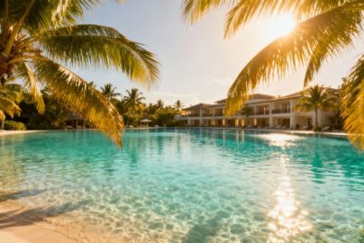 Tropical beach with resort and clear blue water.