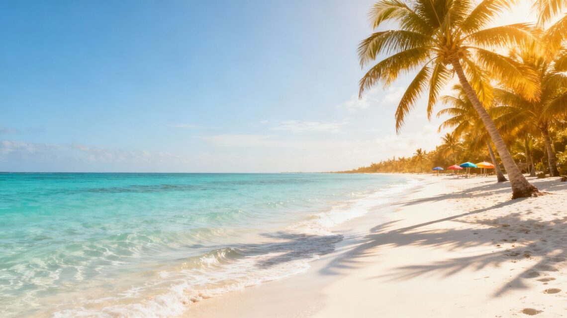 Tropical beach with white sand and clear blue water.
