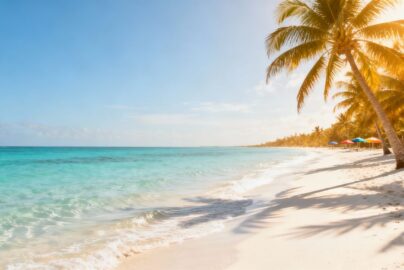 Tropical beach with white sand and clear blue water.