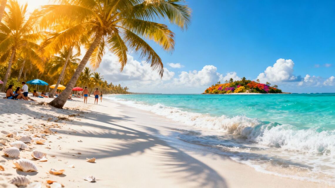 Tropical beach with palm trees and turquoise water.