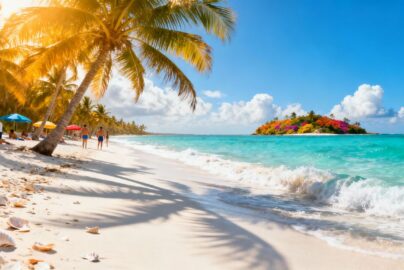 Tropical beach with palm trees and turquoise water.