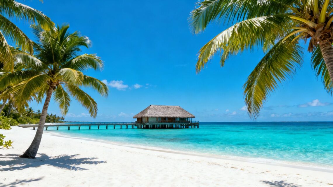 Maldives beach with overwater bungalow and palm trees.