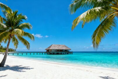 Maldives beach with overwater bungalow and palm trees.