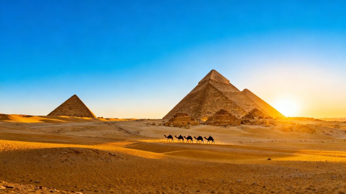 Pyramids of Giza at sunset with camels.