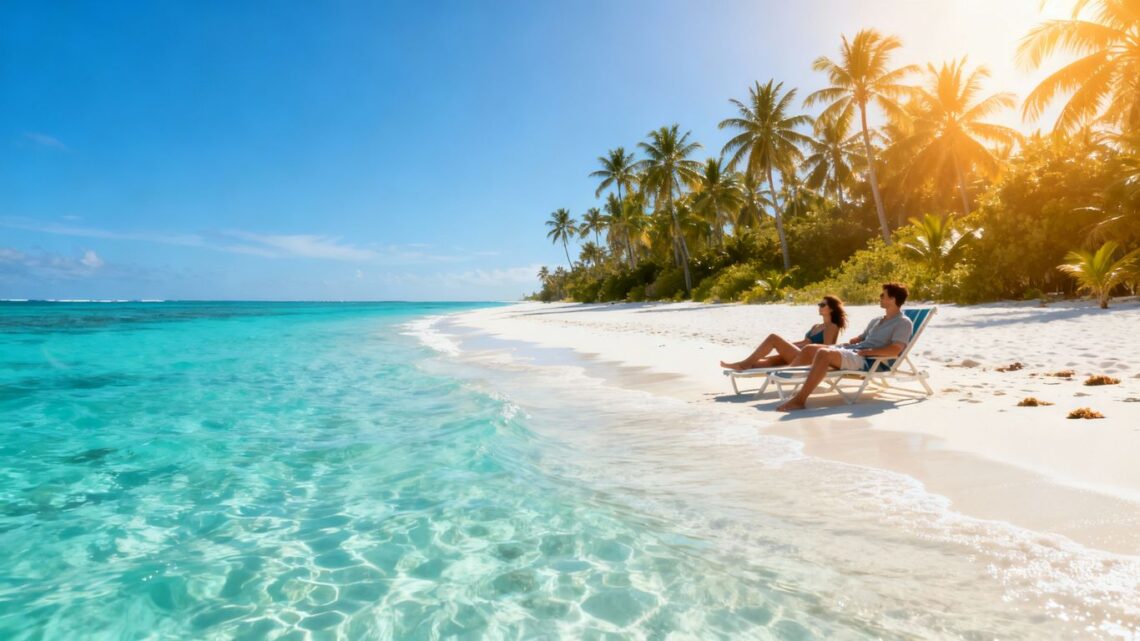 Couple relaxing on a sunny beach, tropical paradise.