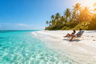 Couple relaxing on a sunny beach, tropical paradise.