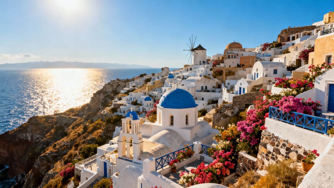 Whitewashed village overlooking the Aegean Sea in Mykonos.