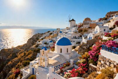 Whitewashed village overlooking the Aegean Sea in Mykonos.