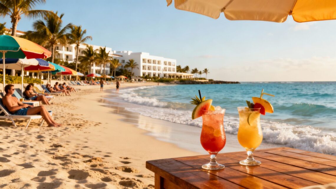 Sunny beach resort with people and tropical drinks