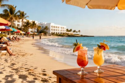 Sunny beach resort with people and tropical drinks