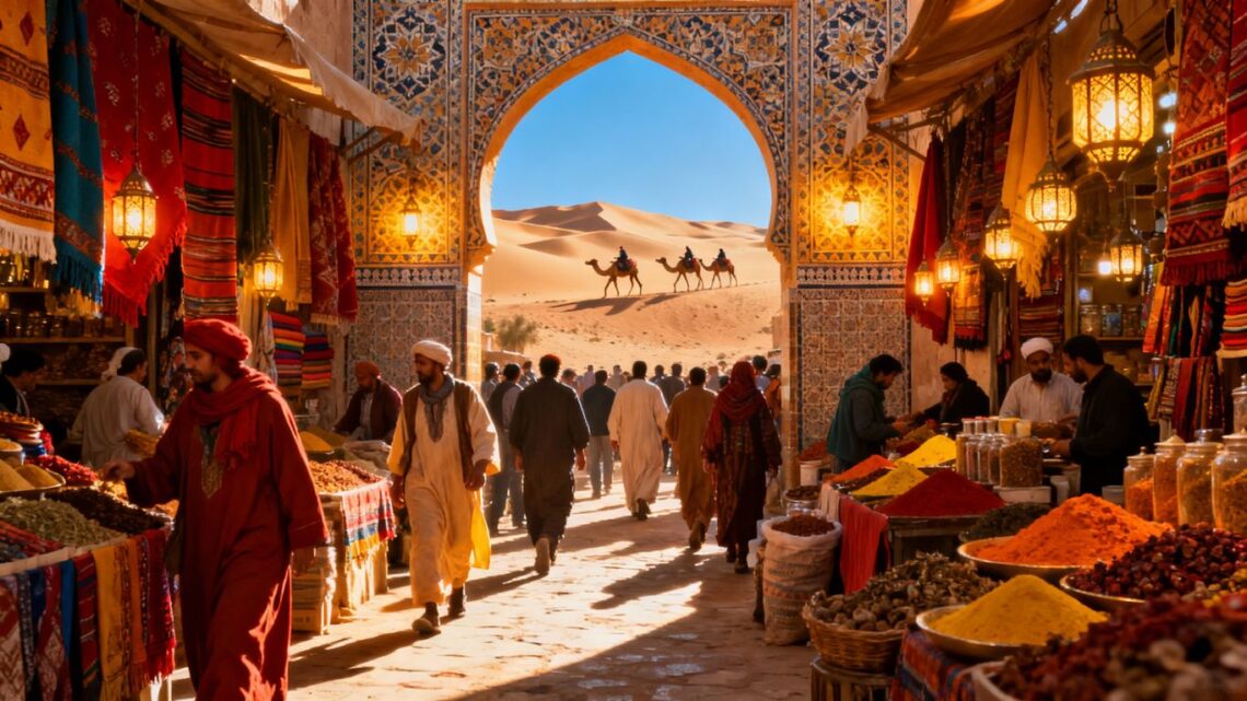 Colorful Moroccan marketplace with camels and desert dunes.