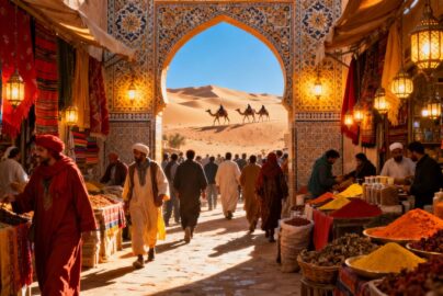 Colorful Moroccan marketplace with camels and desert dunes.