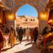 Colorful Moroccan marketplace with camels and desert dunes.
