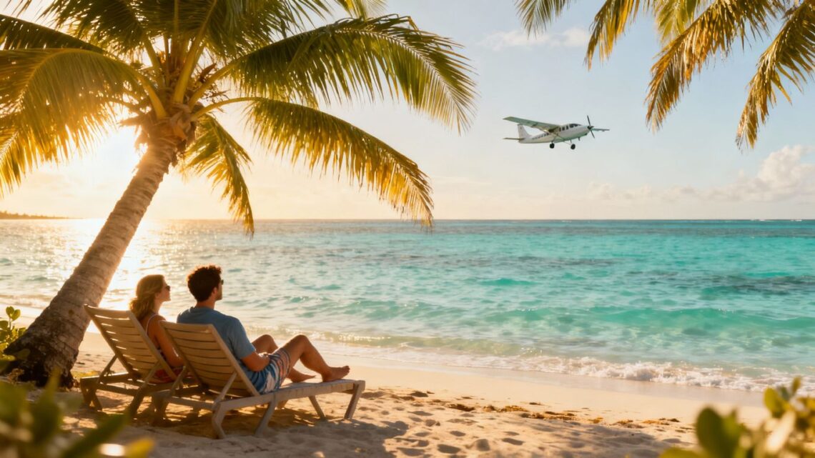 Couple relaxing on a tropical beach with airplane overhead.