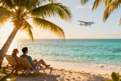 Couple relaxing on a tropical beach with airplane overhead.