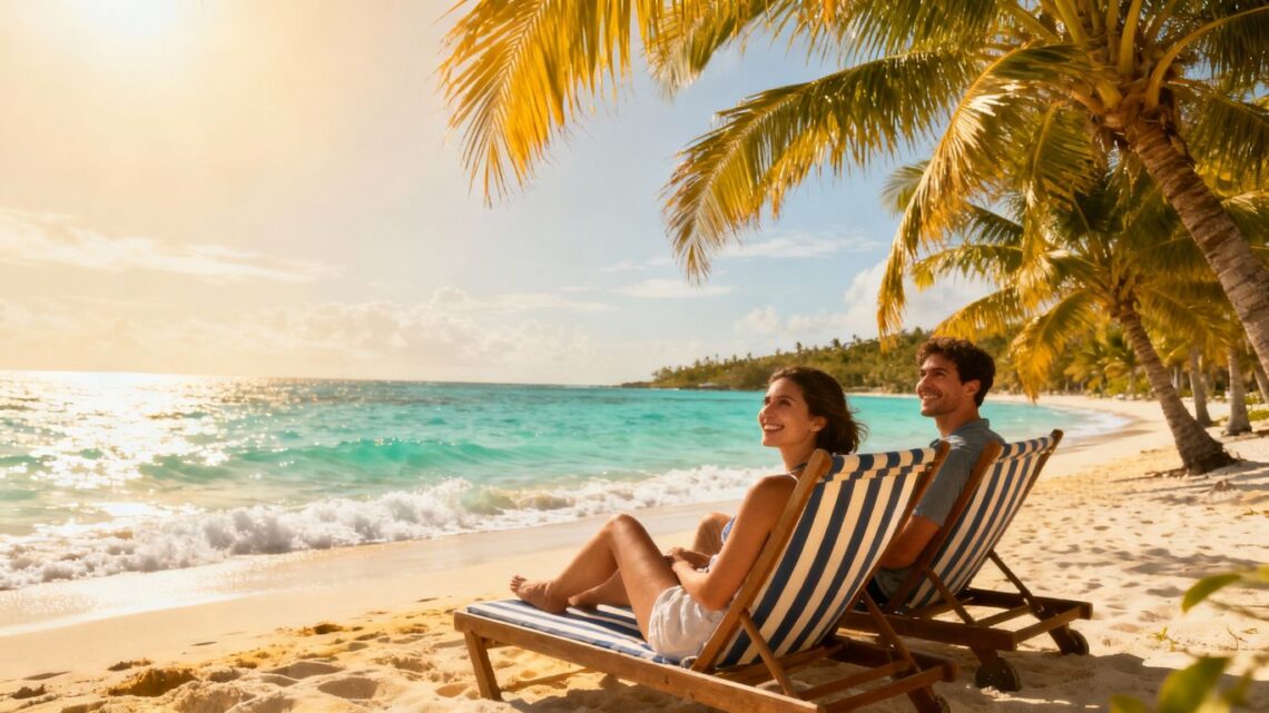 Couple relaxing on a sunny beach with palm trees.
