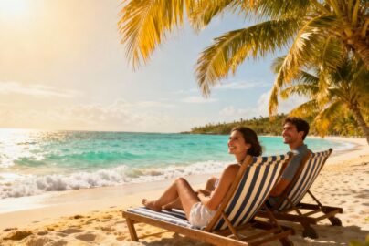 Couple relaxing on a sunny beach with palm trees.