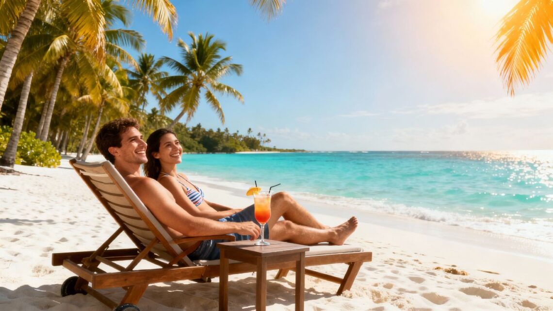 Couple relaxing on a tropical beach with cocktails.