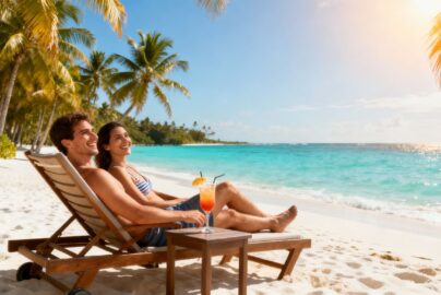 Couple relaxing on a tropical beach with cocktails.