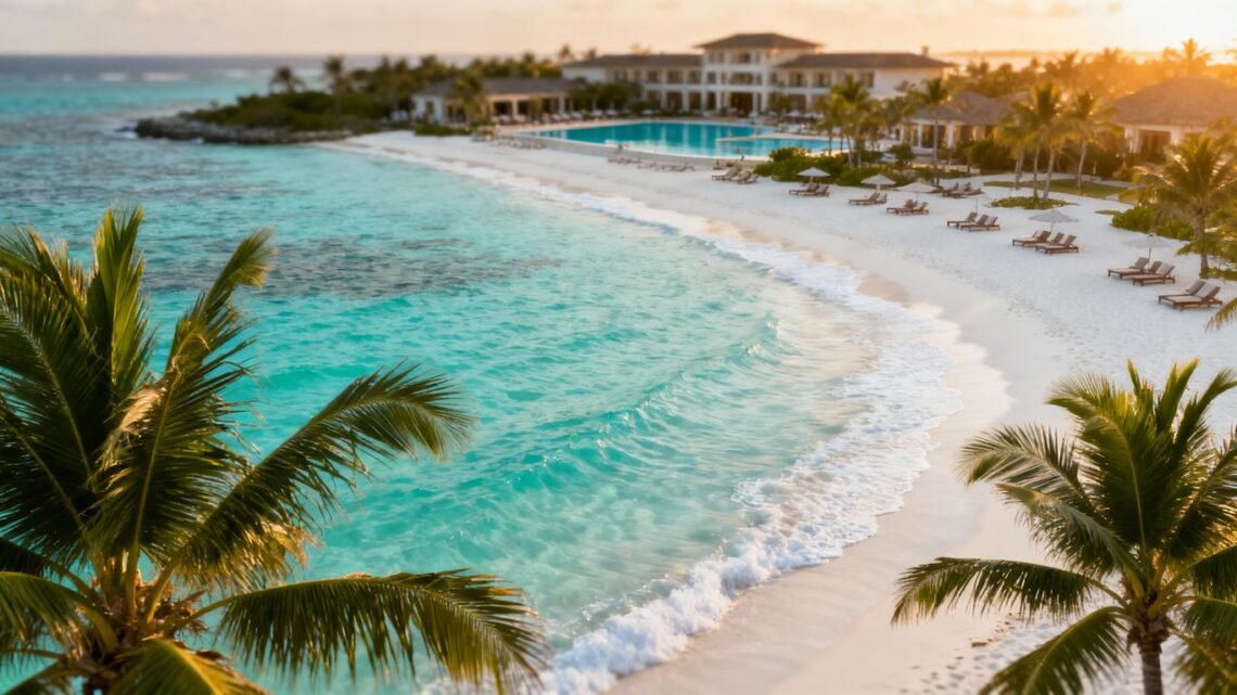 Tropical beach with clear water and palm trees.
