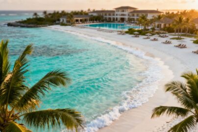 Tropical beach with clear water and palm trees.