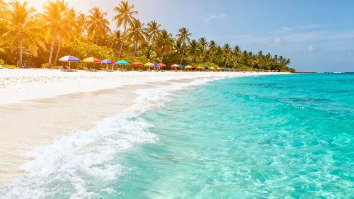 Sunny beach with palm trees and clear blue water.