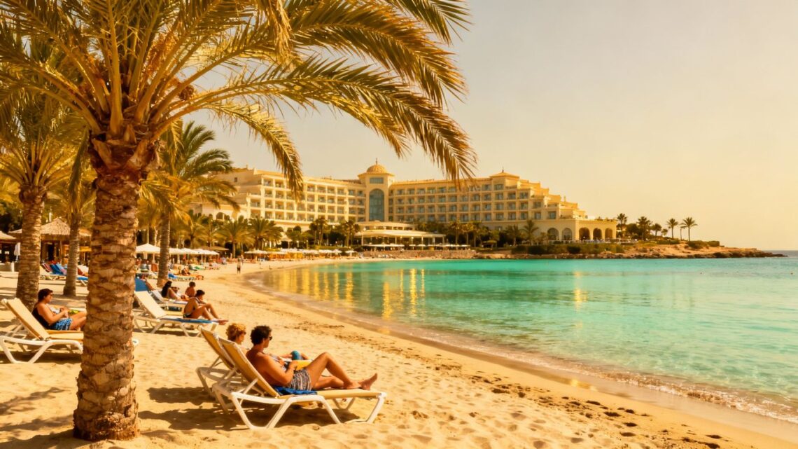 Beautiful Spanish beach with resort and palm trees.