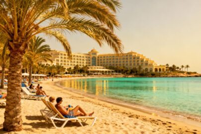 Beautiful Spanish beach with resort and palm trees.