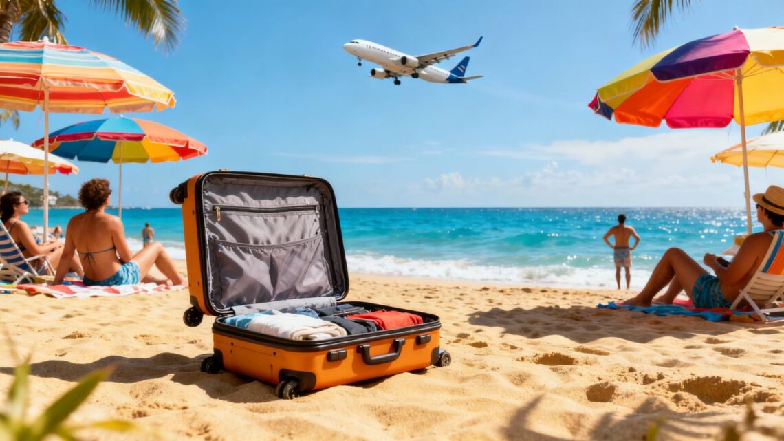 People relaxing on a sunny beach with suitcase nearby.