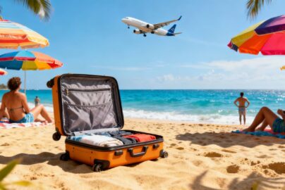 People relaxing on a sunny beach with suitcase nearby.