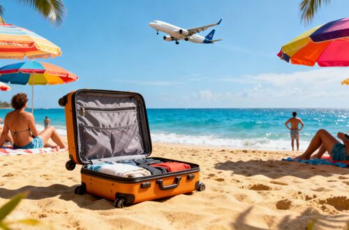 People relaxing on a sunny beach with suitcase nearby.