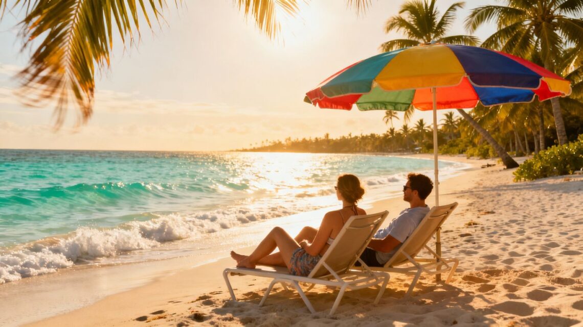 Couple relaxing on a tropical beach vacation.