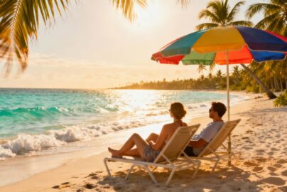 Couple relaxing on a tropical beach vacation.