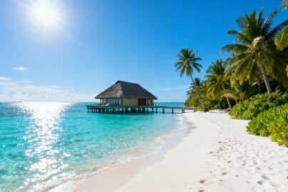 Overwater bungalow in a turquoise lagoon, Maldives