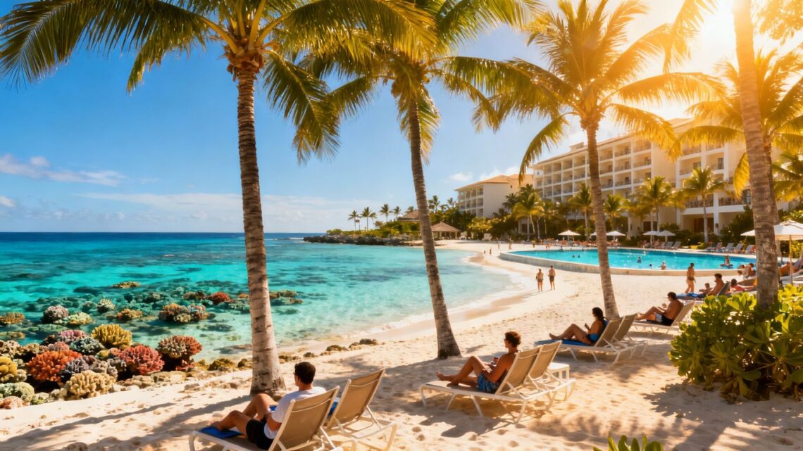 Sharm El Sheikh beach resort with turquoise waters and palm trees.