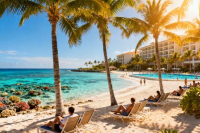 Sharm El Sheikh beach resort with turquoise waters and palm trees.