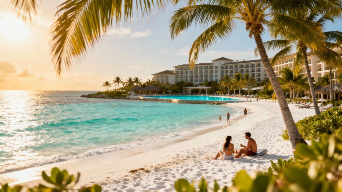 Tropical beach with palm trees and resort