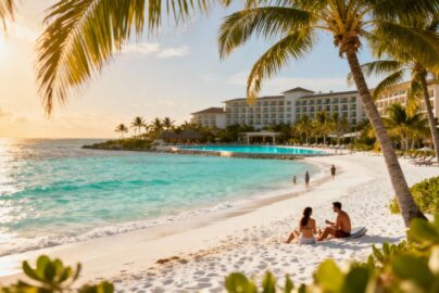 Tropical beach with palm trees and resort