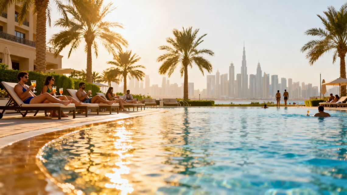 Dubai resort pool with palm trees and skyscrapers.