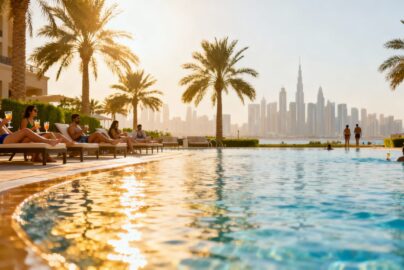 Dubai resort pool with palm trees and skyscrapers.