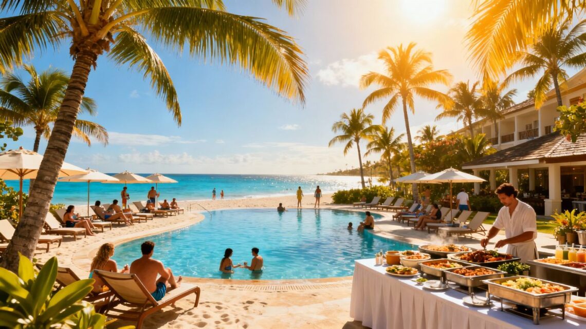 Tropical resort beach with pool and happy vacationers