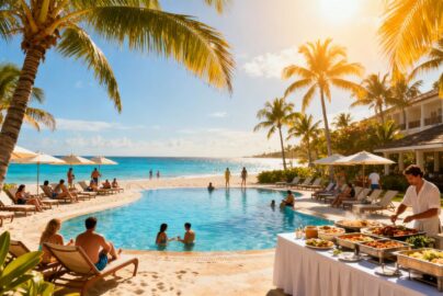 Tropical resort beach with pool and happy vacationers
