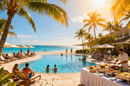 Tropical resort beach with pool and happy vacationers