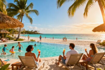 Tropical beach resort with people relaxing and swimming.