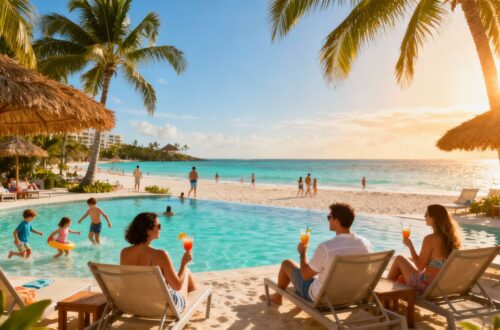 Tropical beach resort with people relaxing and swimming.